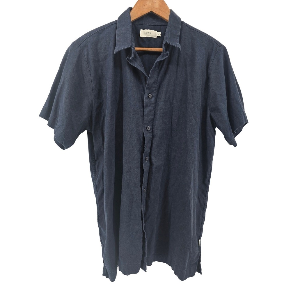 Onia Button Down Shirt Mens Large Navy Blue Linen Blend Short Sleeve Vacation
